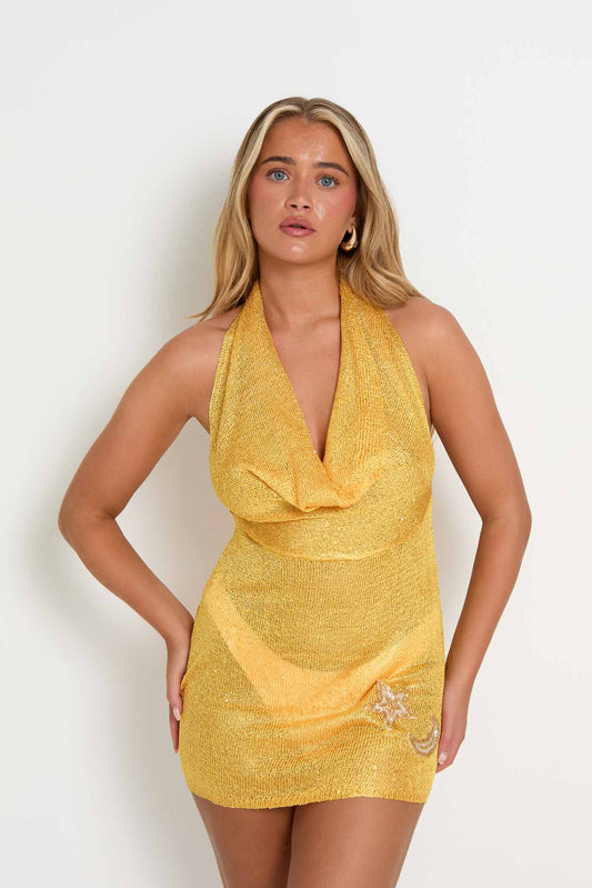 Sequin cowl neck yellow beaded dress