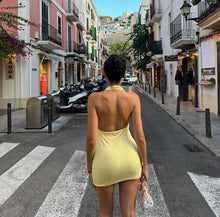 Load image into Gallery viewer, Yellow plunge flower beaded dress
